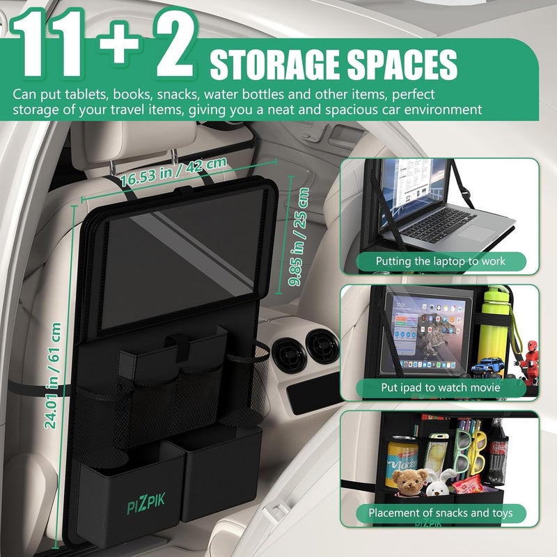 Plzpik Car Backseat Organizer with Tablet Holder,11 Storage Pockets with Foldable Food Tray, Protector Kick Mats for Kids, Travel Accessories Organizer (Black, 2Pack with Food Tray) - Image 2